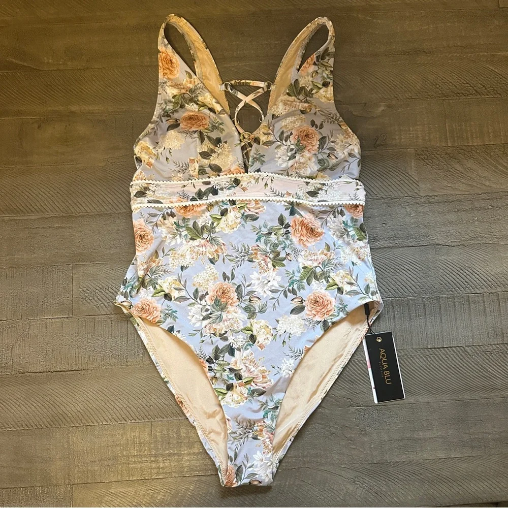 Aqua Blu Floral One-Piece Swimsuit in Light Blue and Peach